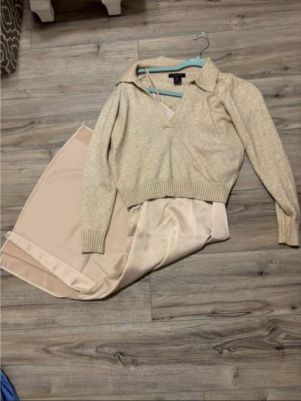 Two piece V-Neck Knit Sweater and satin dress
